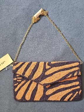 NEW  ON•34th Brand Beaded Pink & Purple Envelope Clutch with Chain Strap